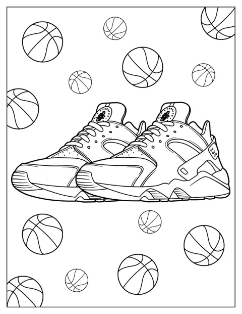 Pair Of Nike Coloring Page Of Air Huarache With Basketballs