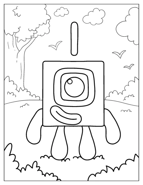 Numberblock 1 ziet er schattig uit en staat rechtop.