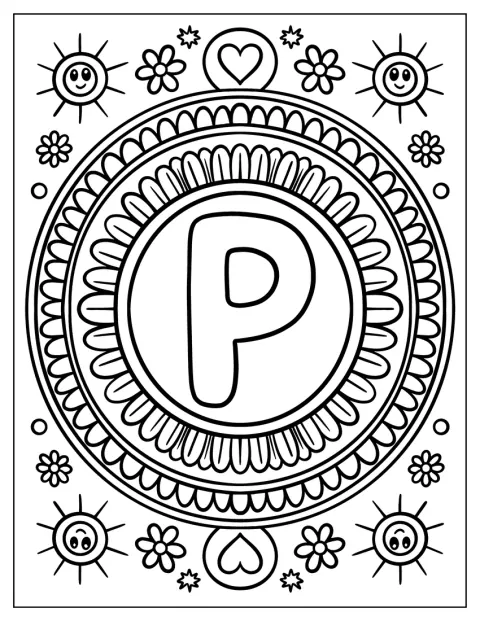 Ein verzierter Buchstabe P im Hippie-Stil steht inmitten eines Mandalas.