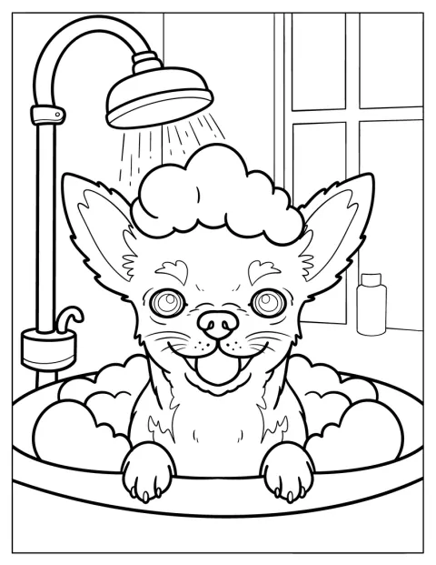 Um Chihuahua coberto de espuma toma banho numa banheira.