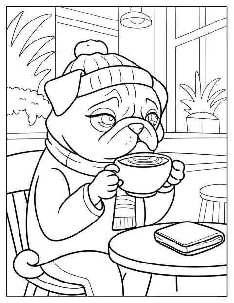 Un pug lleva una bufanda y sostiene un café con leche en un día de invierno.