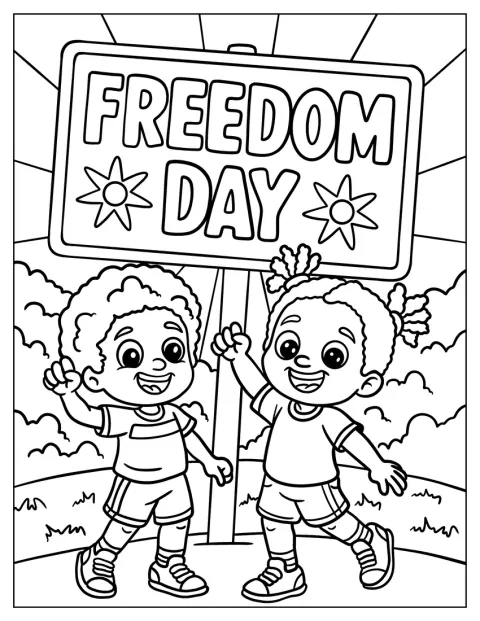 Děti společně zvedají nápis o svobodě na oslavu Juneteenth.
