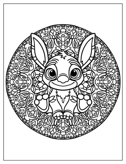 Chipul lui Stitch este înconjurat de modele complicate de mandala.