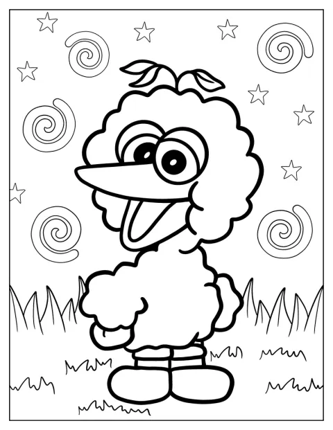 A kis Big Bird egyenesen áll, és kíváncsian néz.