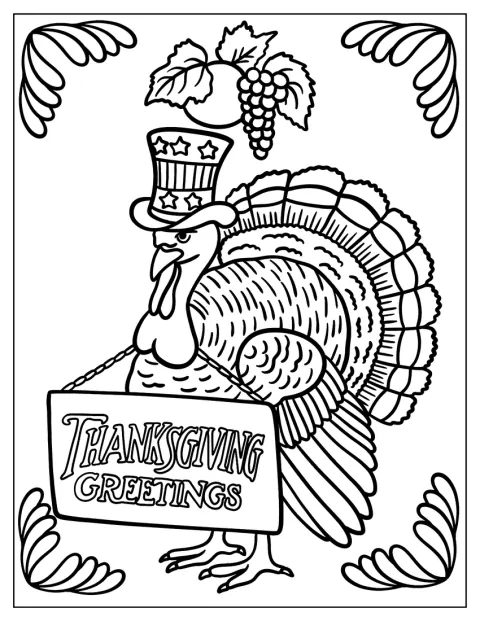 Ein Truthahn hält ein Schild mit einem Thanksgiving-Gruß.
