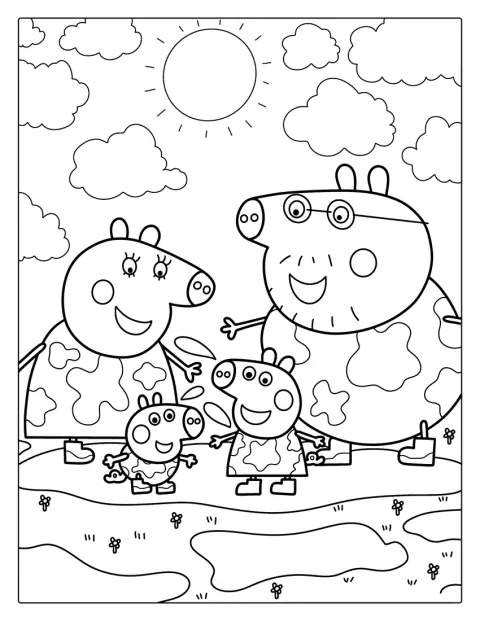 Peppa Pig y su familia saltan juntos en un charco de barro.