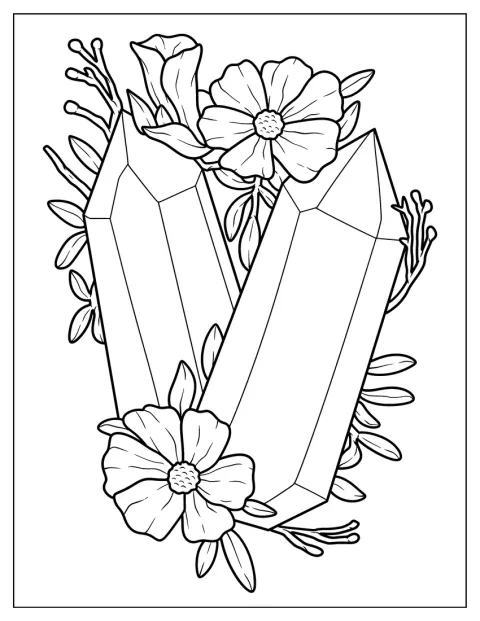 Blomster og blade vokser omkring to store krystaller.
