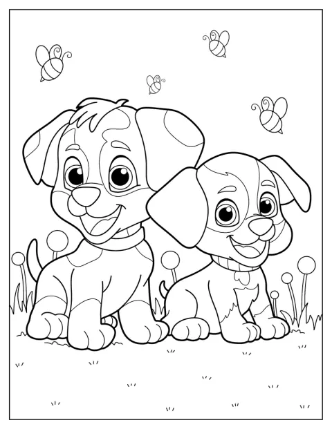 Plusieurs chiens de dessin animé jouent dans une pelouse.
