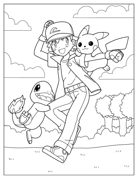 Ash steht neben Pikachu und Glumanda.