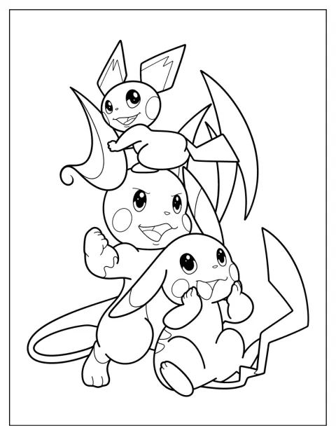 Pichu steht zusammen mit Pikachu und Raichu.