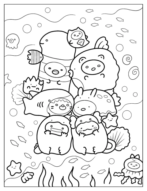 Sumikko Gurashi-figurerne er klædt ud i fiskekostumer.
