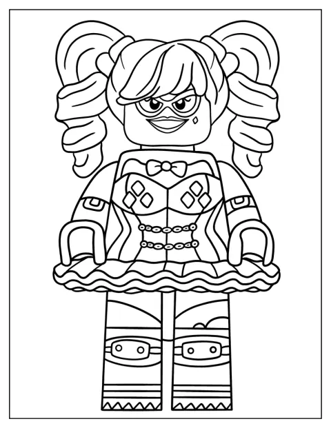 Harley Quinn, construită din piese LEGO, stă într-o poziție jucăușă.