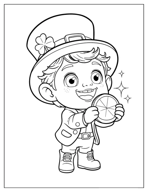 Un leprecauno molto piccolo tiene in mano una moneta d’oro.