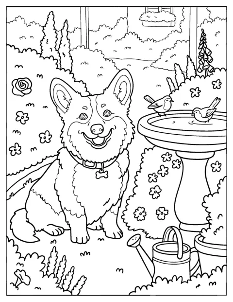 Egy valósághű corgi mosolyog egy madáritató mellett.