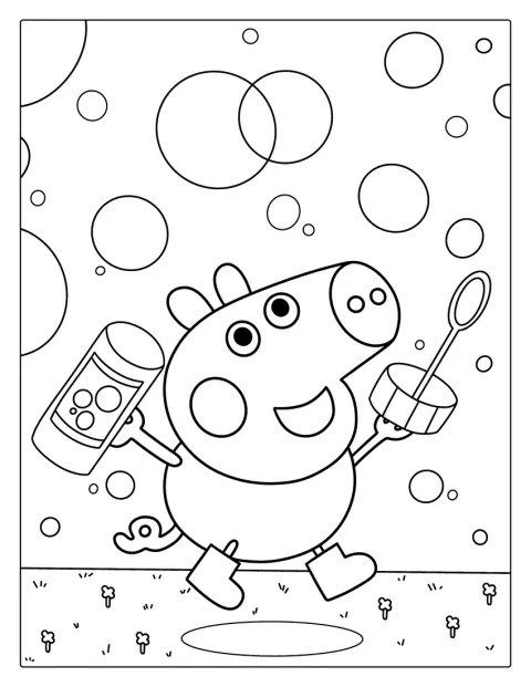 George Pig blåser bubblor utomhus.