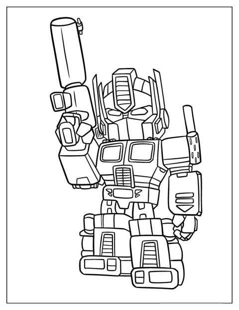 En gullig chibi-version av Optimus Prime håller i en Ion Blaster.