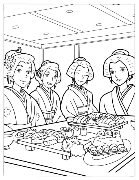 Des femmes japonaises partagent un repas de sushis.