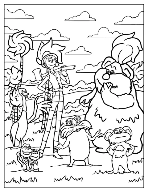 Lorax, Pipsqueak, Once-ler, Lou, Humming Fish ja Swomee Swan ovat yhdessä.