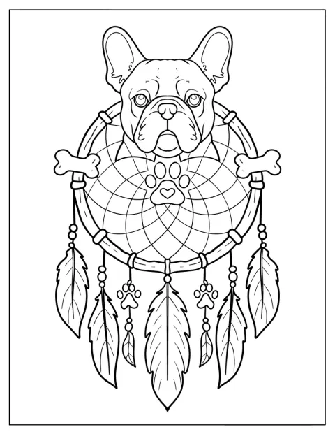 Un bouledogue français est représenté au centre d’un attrape-rêves décoré d’étoiles.