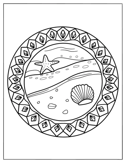 Muscheln und Strandmotive sind zu einem Mandala angeordnet.