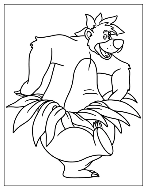 Baloo lleva una falda hawaiana y un tocado hecho de hojas.