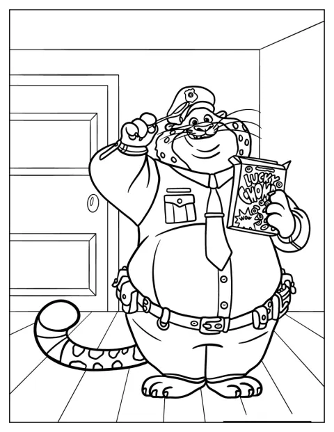 Clawhauser pitelee lusikkaa ja muropakettia.