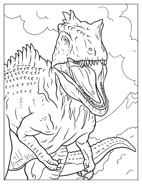 Et nærbillede viser en skræmmende Gigantosaurus med åbent gab.
