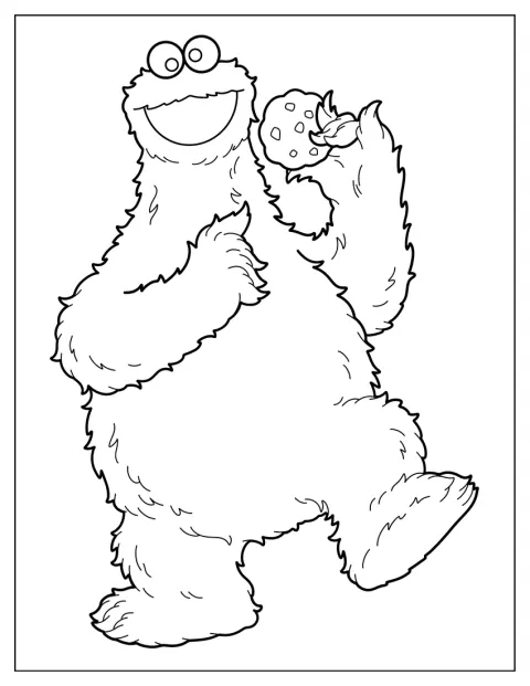 Cookie Monster, cu blana pufoasă, ridică un fursec.