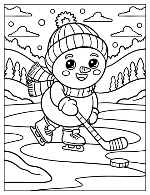 Met een muts en sjaal aan speelt een sneeuwpop buiten ijshockey.