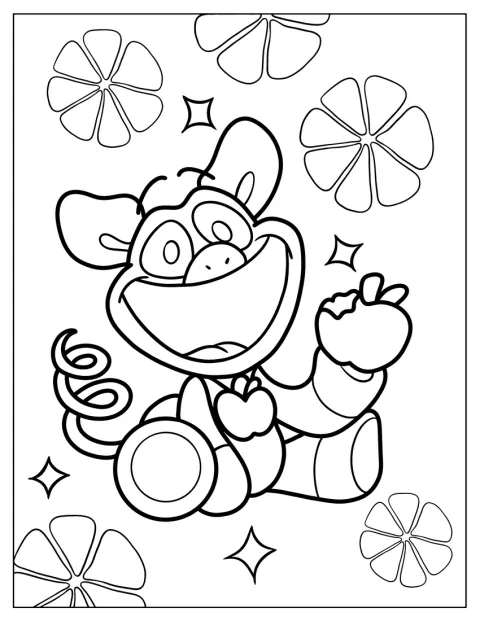 PickyPiggy trinca uma maçã com um ar satisfeito.