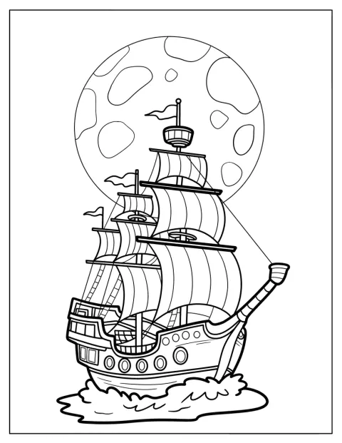 Um navio pirata navega pelo mar sob uma Lua cheia.