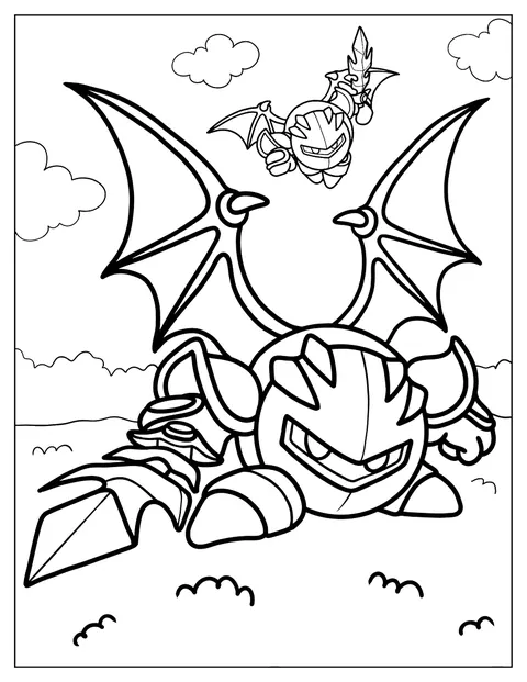 Meta Knight stojí s mečem a roztaženými křídly.