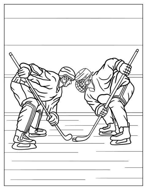 Två ishockeyspelare möts på isen med klubbor i händerna.