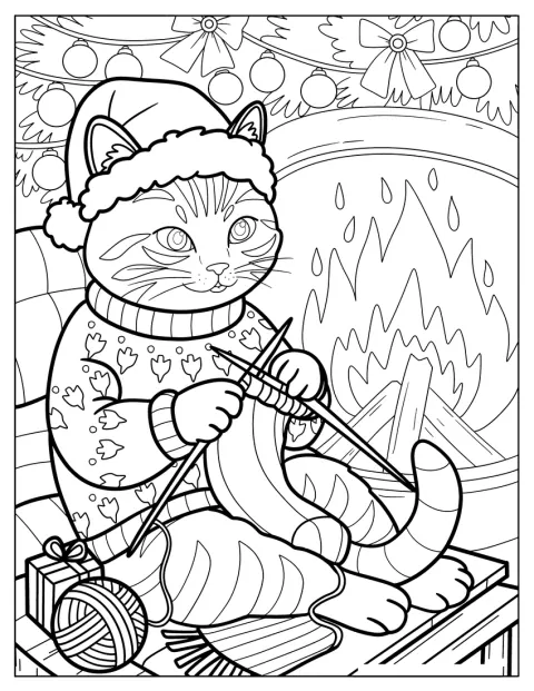 I sin jultröja stickar en katt vid den öppna spisen.