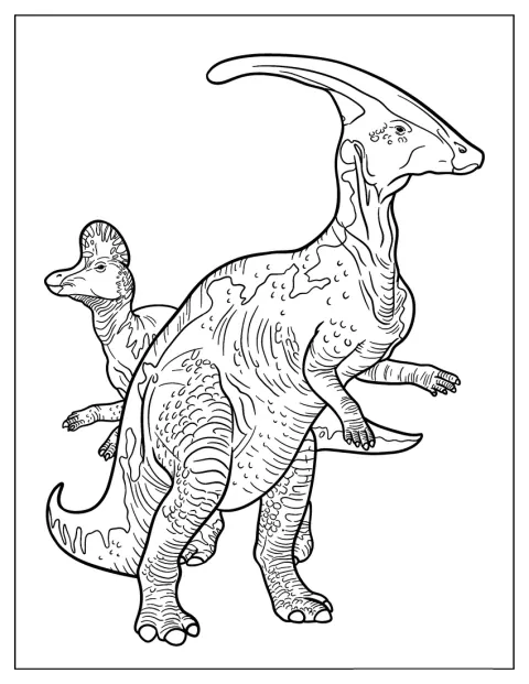 Ein Corythosaurus und ein Parasaurolophus stehen beieinander.