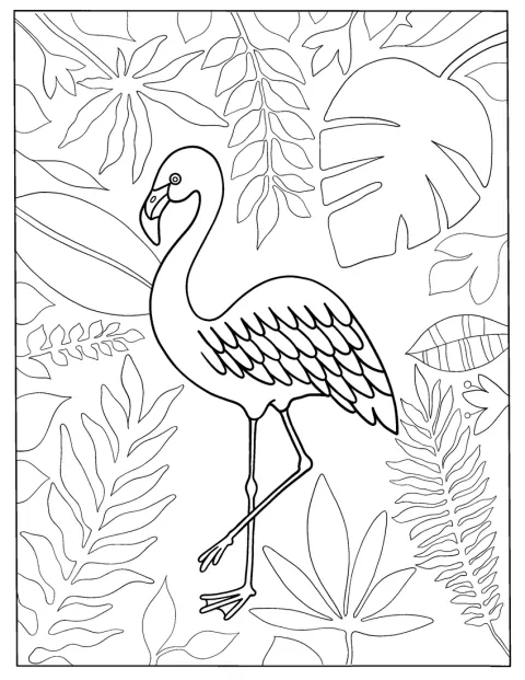 夏らしい熱帯の葉に囲まれたフラミンゴが描かれています。