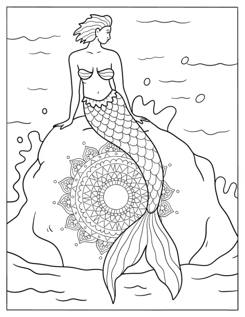 Mermaid Coloring Page Perched on a Massive Rock with Mandala Design