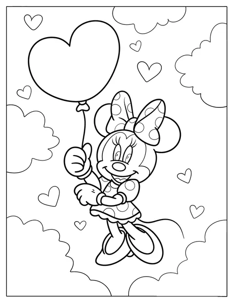 Minnie Mouse holder en ballon, mens hun svæver blandt skyerne.