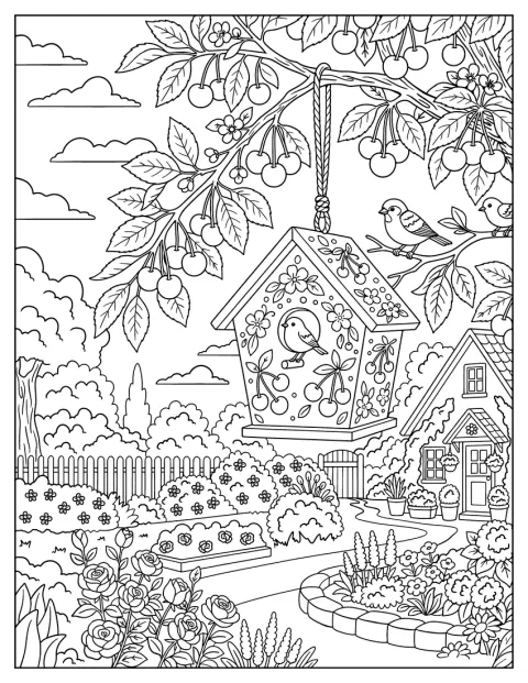 Ein Vogelhaus hängt an einem Kirschbaum im Garten.