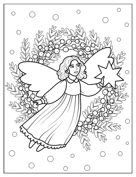 Un ángel aparece delante de una corona decorada para Navidad.