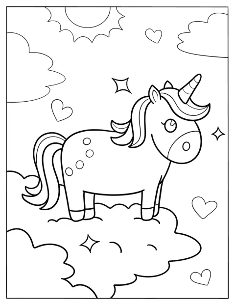 かわいいユニコーンが、ふわふわの雲の上にいます。