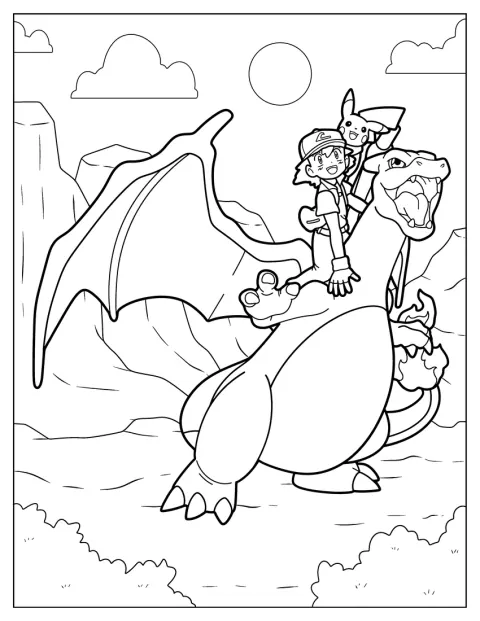 Ash e Pikachu volano in groppa a Charizard.