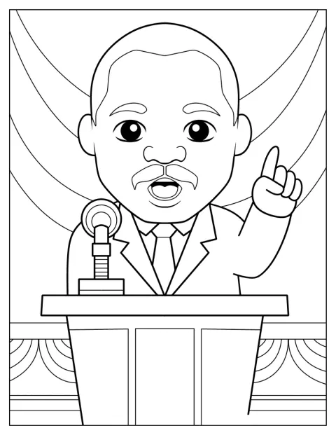 Een eenvoudige cartoon toont Martin Luther King Jr. op een podium.