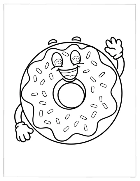 Com um sorriso, um donut cartoon acena com a mão.