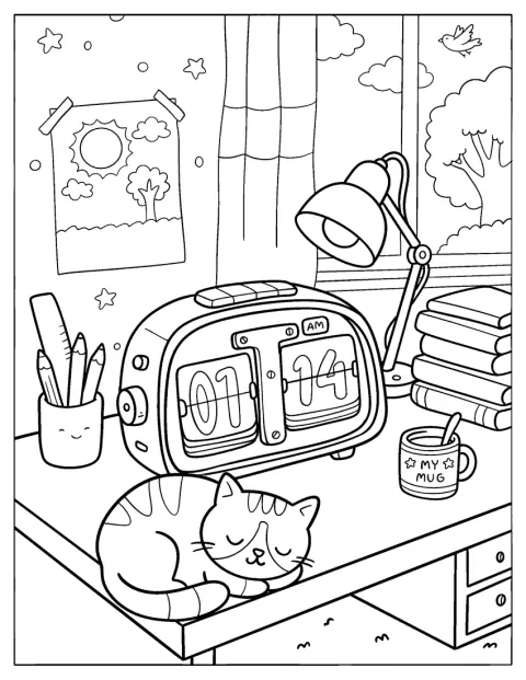 Retro Flip Clock Beside a Sleeping Cat on a Desk Coloring Page