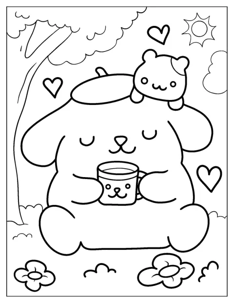 Pompompurin popíjí čaj ve společnosti Muffin.