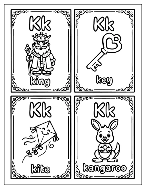Quattro figure associate alla K, un re, una chiave, un aquilone e un canguro, compaiono sulle schede.