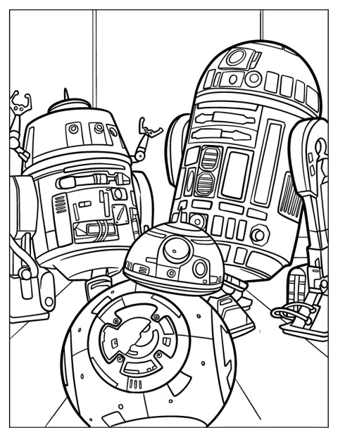 Chopper, BB8 og R2-D2 står sammen.