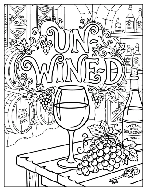 ワインセラーにぶどうやワイン樽、ワイングラスが並んでいます。