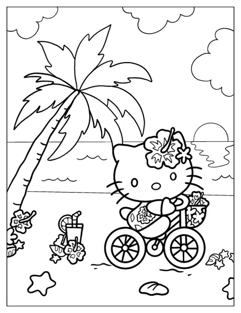 Hello Kitty pédale à vélo le long de la plage.